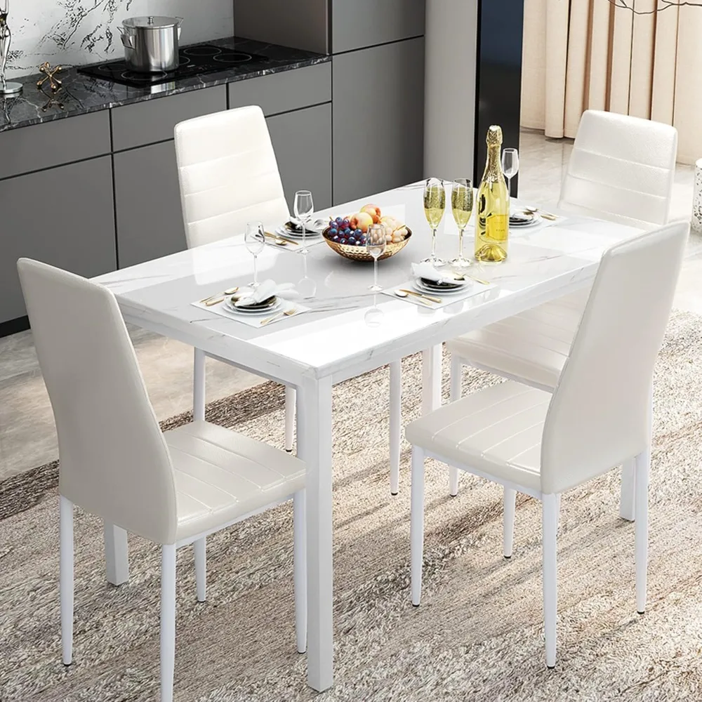 Dining Table Set for 4, Marble Kitchen Table and Chairs for 4, Comfortable PU Leather Chairs,White+White