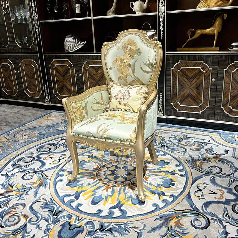 French fabric embroidery leisure chair, European court luxury solid wood single sofa chair study champagne book chair