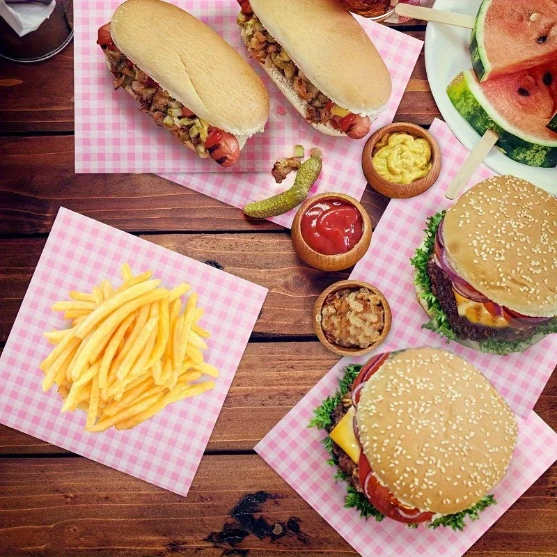 100 hojas de papel rosa para alimentos, revestimientos para cestas de alimentos resistentes a la grasa para sándwiches, pasteles, utensilios para hornear de papel sin carga