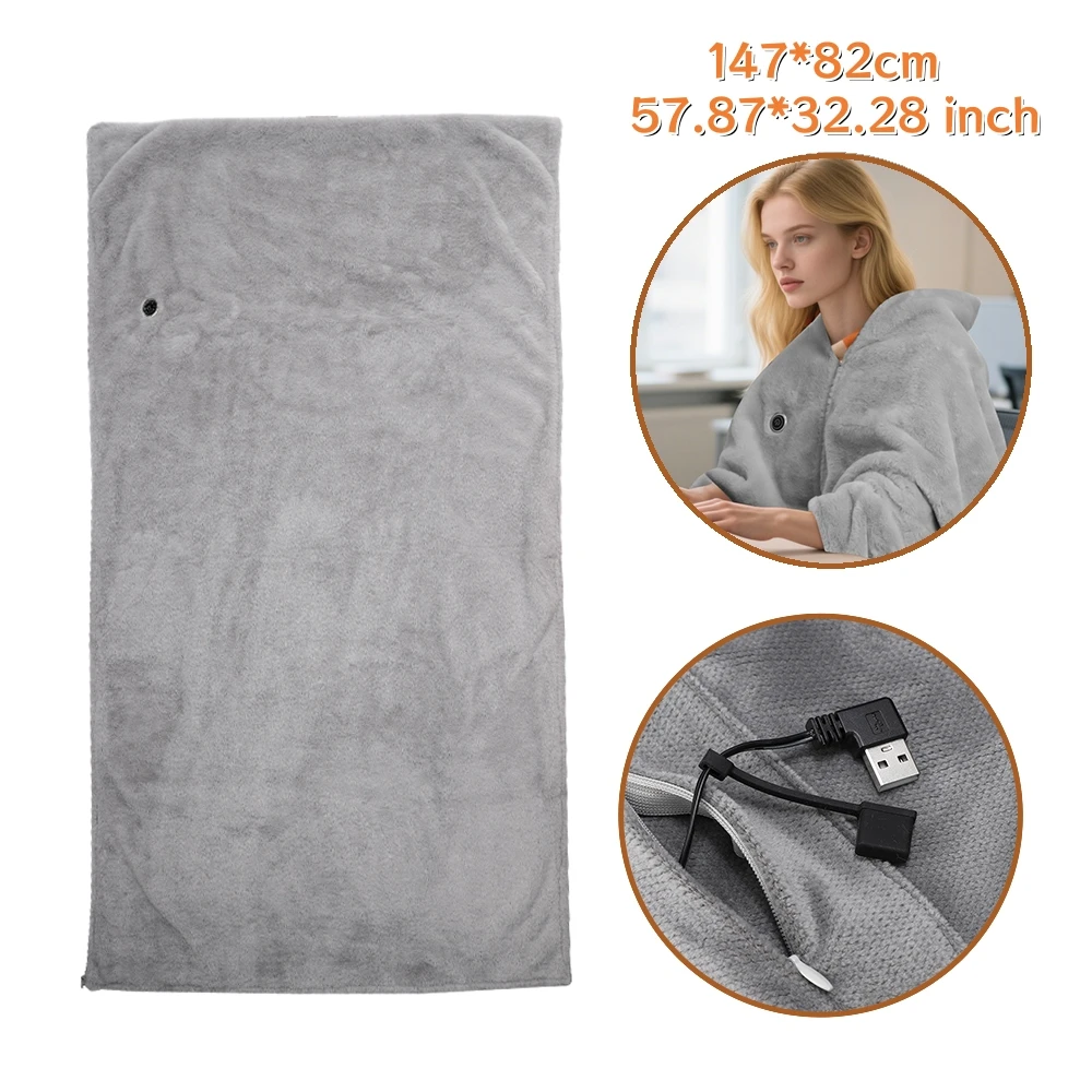 

USB Powered Heated Shawl Electric Blanket for Travel Home Office Mat Big Size 147*82cm Warming Shoulder Wrap Heating Pad Zipper