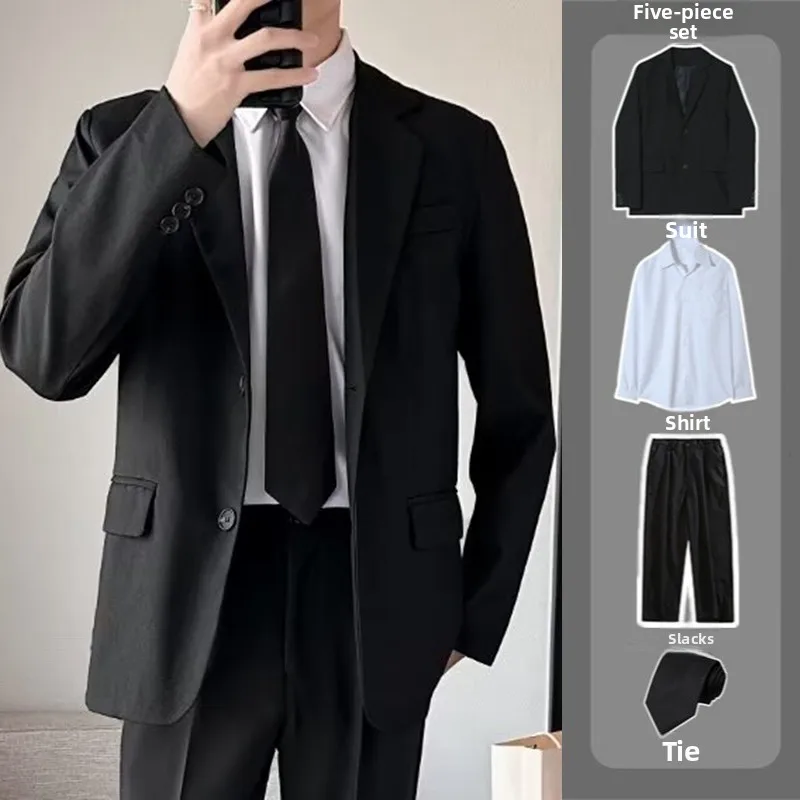 

Men's Busin Casual Suit Set Jaet Casual Spring Autumn Wedding Apparel Stand Fit Long Sve Two Buttons Pure Color