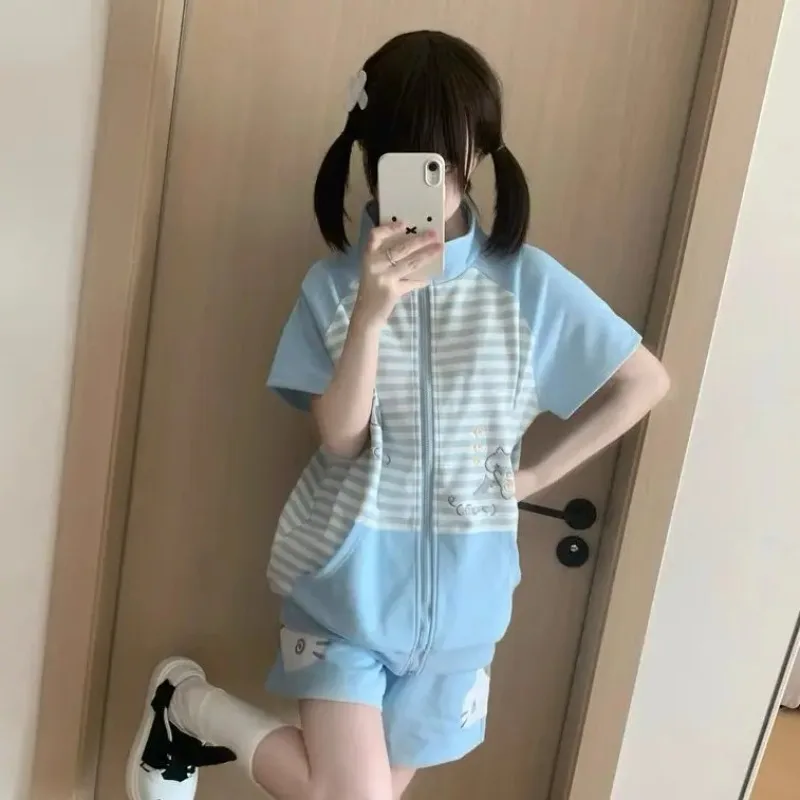 تيشيرتات نسائية يابانية مخططة 2025 Ropa Mujer بأكمام قصيرة ورقبة ثابتة تي شيرت نصف سحاب Camisetas Y2k تي شيرت صيفي غير رسمي #5