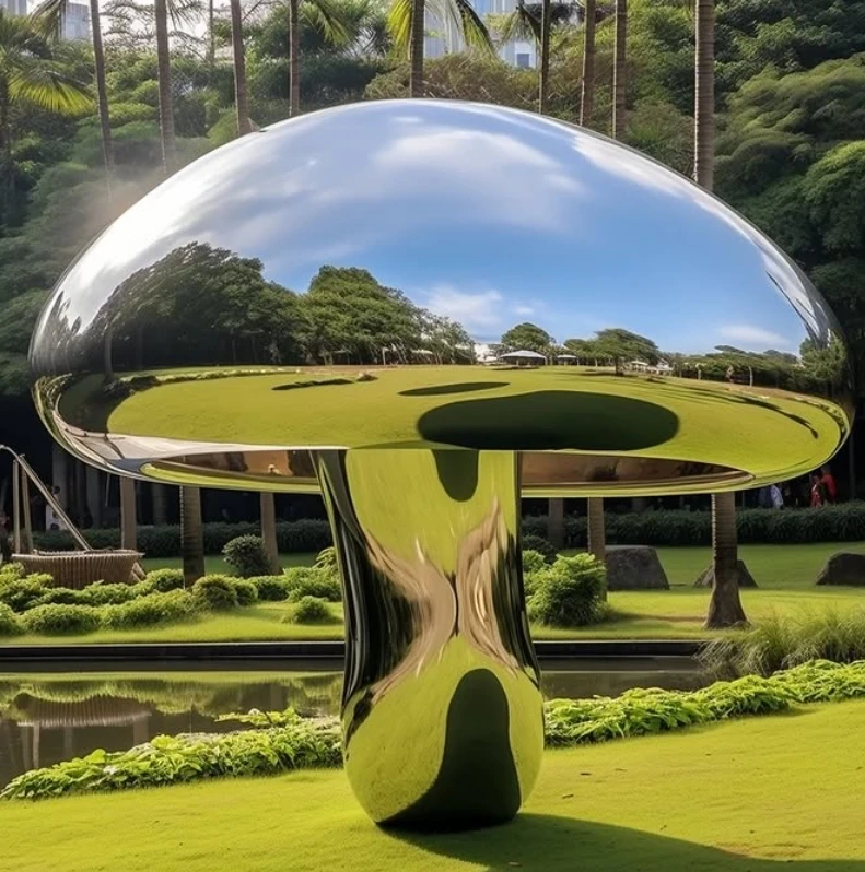 #￥High Quality Stainless Steel Giant Mushroom Sculpture Large Outdoor Metal Statue for Garden Decor Polished Technique