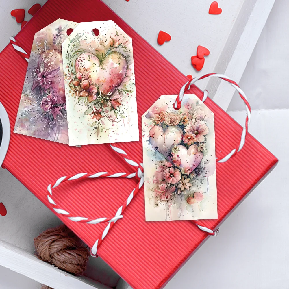 40pcs Heart and Flower Decorative Tags, Watercolor Aesthetic Gift Labels, Party Decoration, Handmade Packaging Accents,Jute Rope