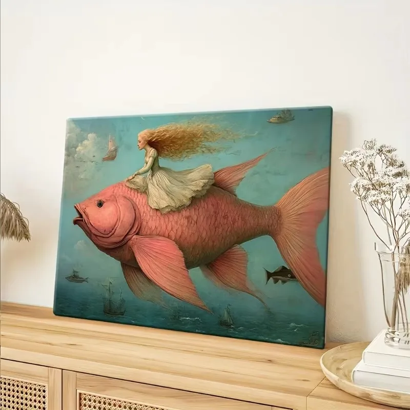Poster und Drucke mit dem Motiv „Person auf einem großen Fisch“, Retro-Abstraktes Mädchen und Fisch, Leinwandbild, Wandkunst, Bild für die Dekoration von Wohnräumen. – Detail 7