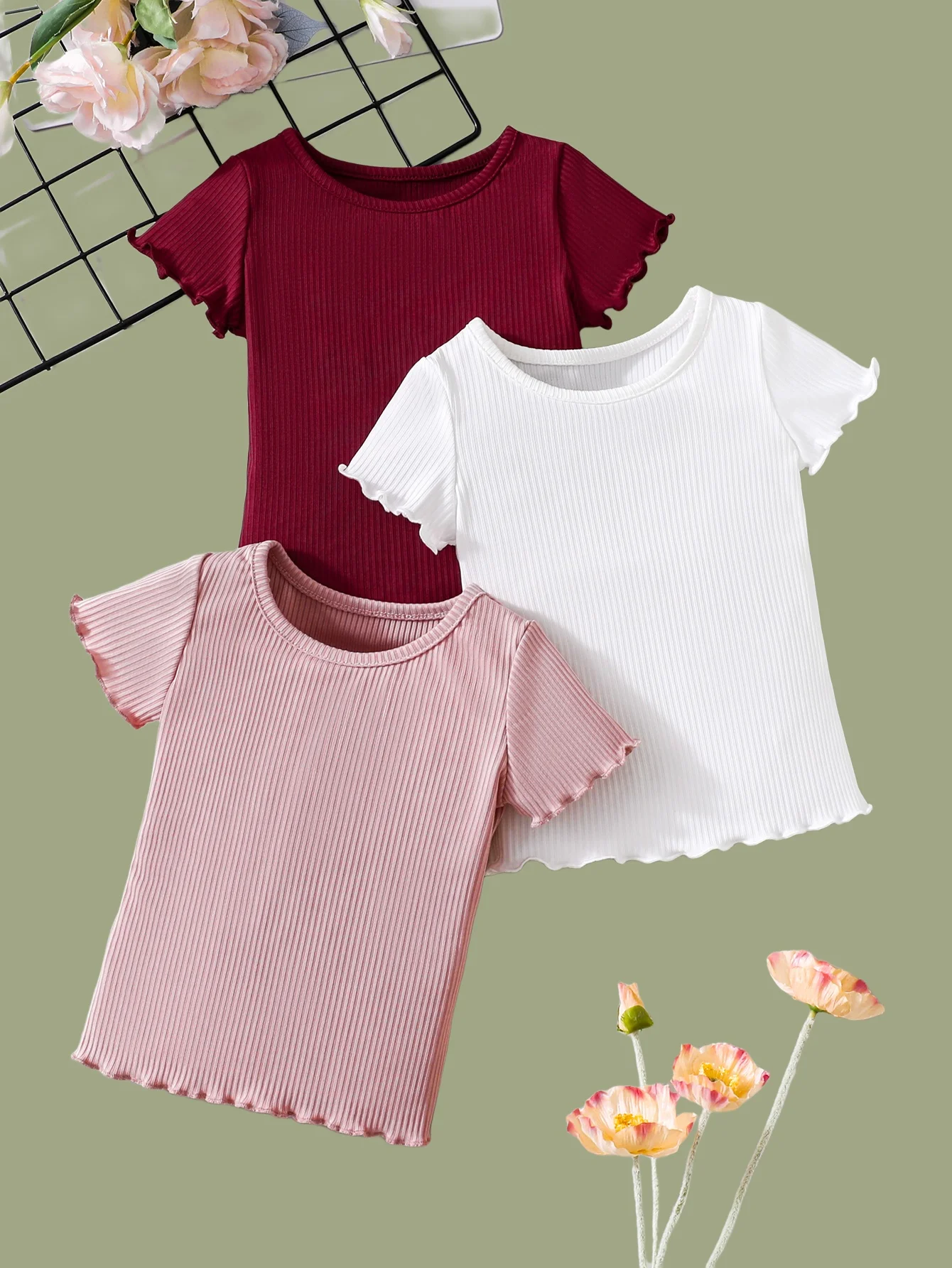 Summer children girls short-sleeved three-piece top comfortable wave lace unique casual solid color matching T-shirt