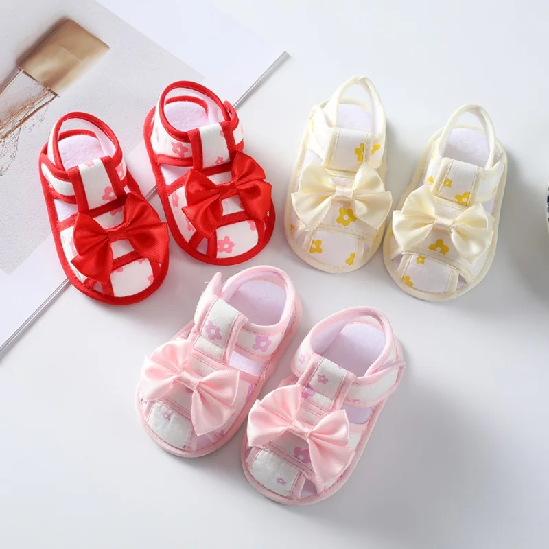 

Summer Korean Baby Sandals Ribbon Bow Decorative Princess Shoes Newborn Baby Walking Shoes Send The Same Colour Hair Band 0-2T