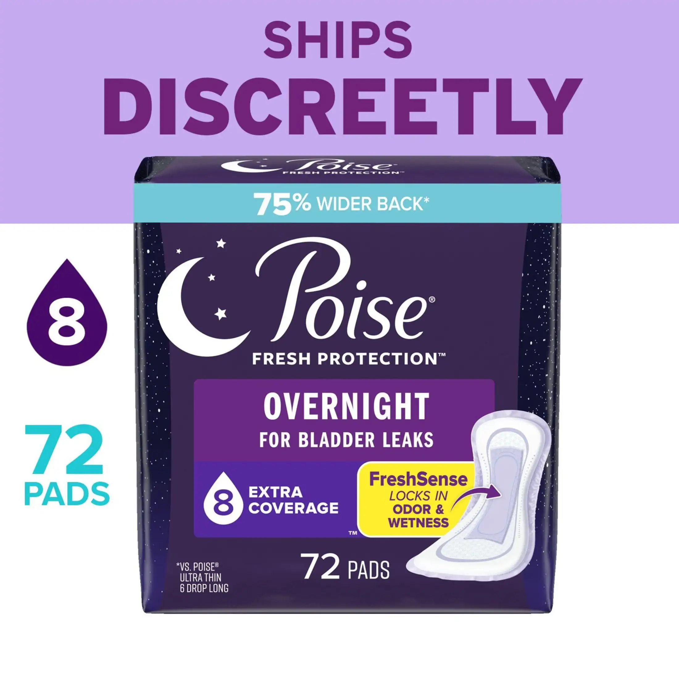 

Overnight Incontinence Pads for Women, 8 Drop Extra Coverage, 72 Count