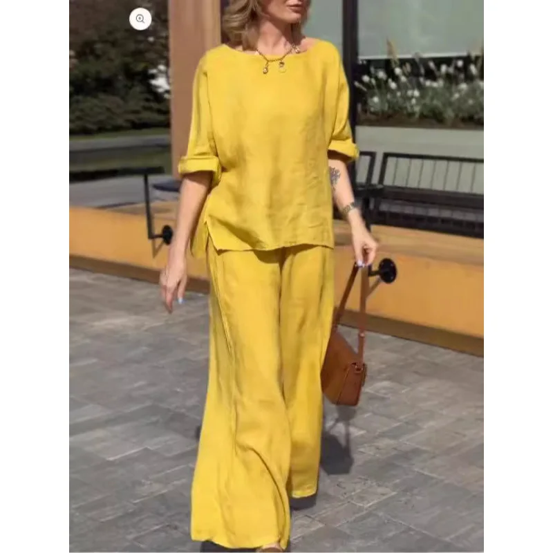 

Летний костюм из хлопка и льна для женщин, коллекция 2026 года, модный однотонный, свободный и удобный, с длинными брюками, комплект из двух предметов