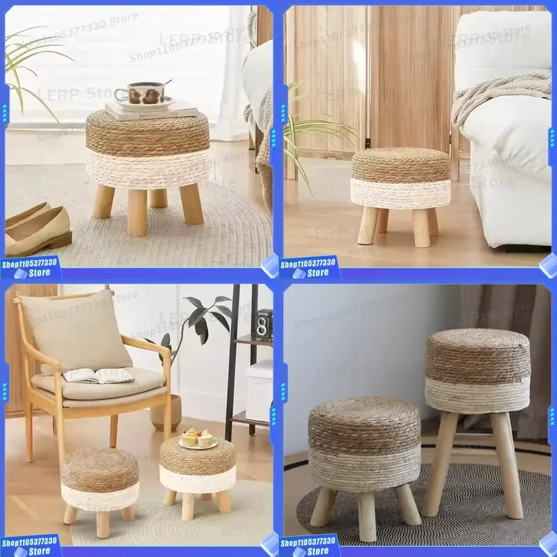 Natural Seaweed Hand Woven Round Footstool With 4 Solid Wooden Legs For Living Room Home Decor Small Ottoman Seat Furniture