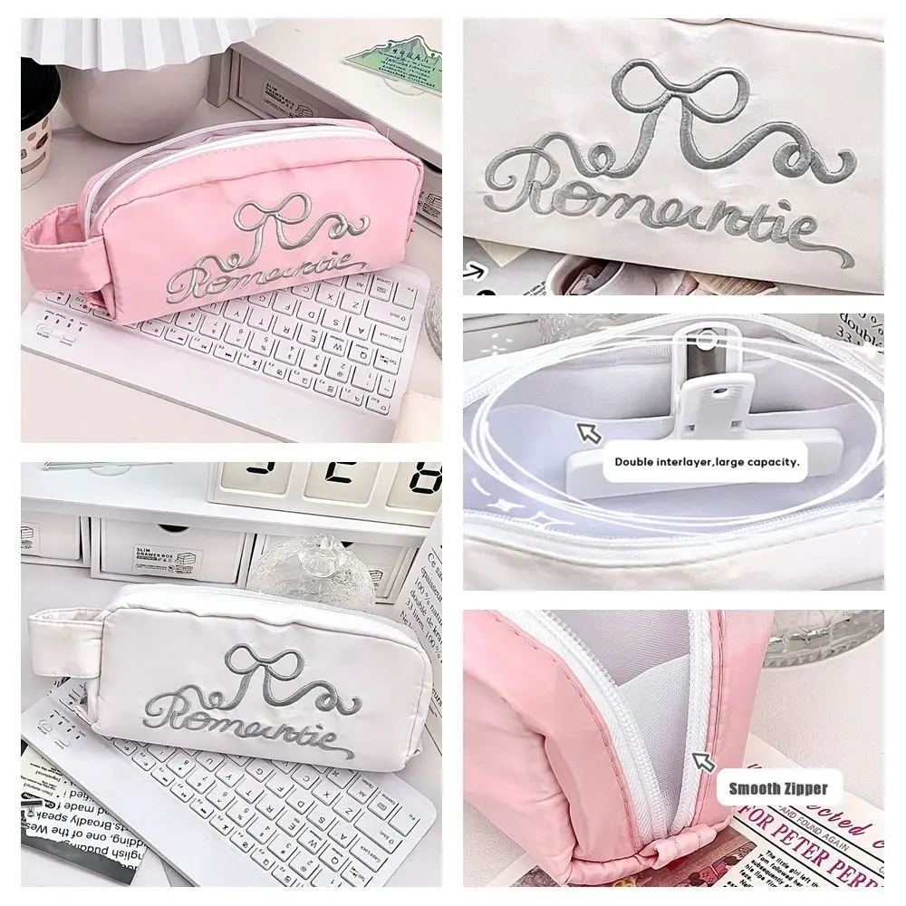 

Portable Canvas Pen Bag Bow Embroidery Back To School Gift Stationery Bag Large Capacity Pencil Case Student