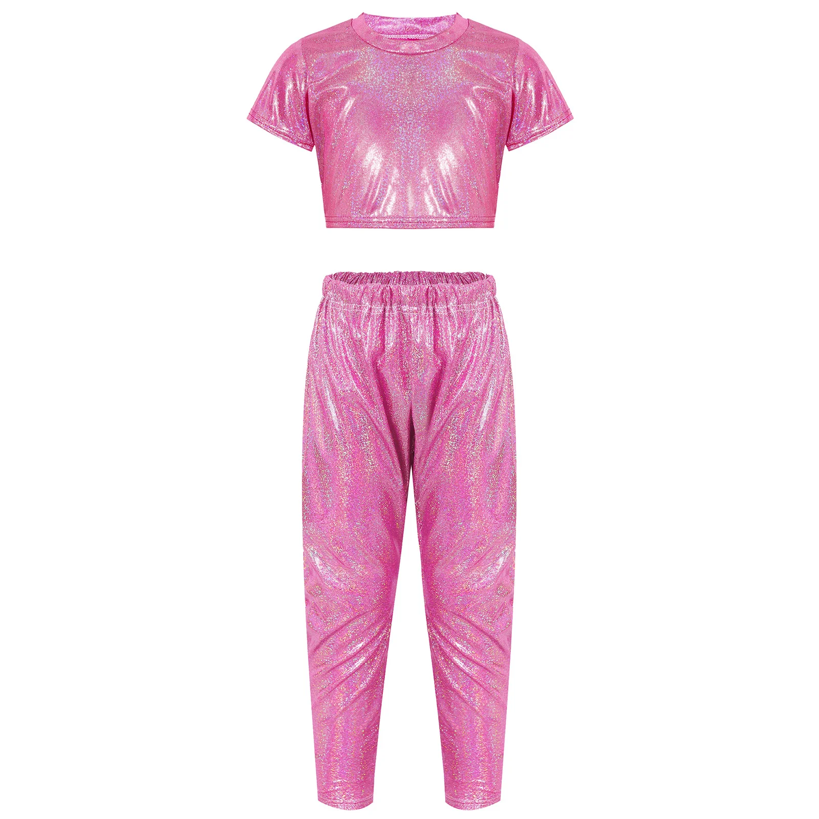 Trajes de baile brillantes para niños y niñas, chándales de entrenamiento de baile, conjunto deportivo de manga corta, Top corto con pantalones Harem