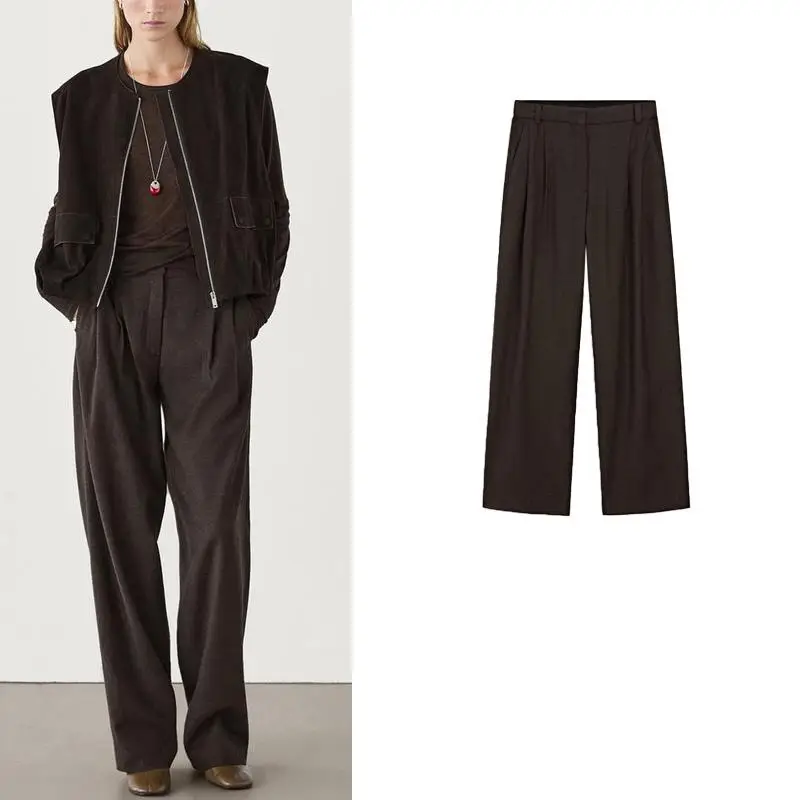 ربيع جديد وصول المرأة Ele Busin عادية Sle براون الفانيلا مطوي السراويل الطويلة ألياف البوليستر 00% بناطيل كاجوال #1