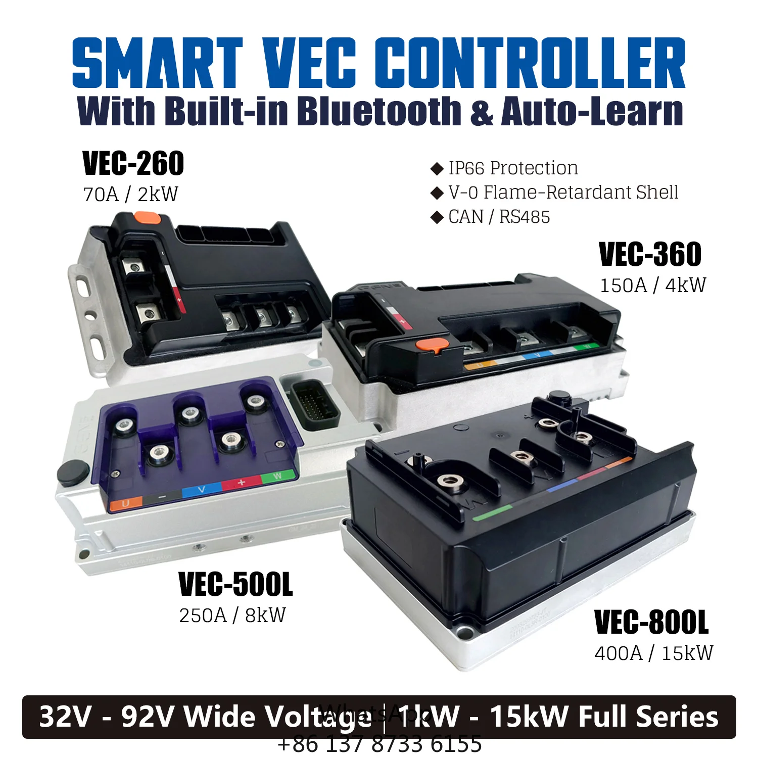 OEM Electric Motorcycle Controller 1-15kW FOC PMSM 92V Isolated CAN Self-Learning Bluetooth OTA IP66