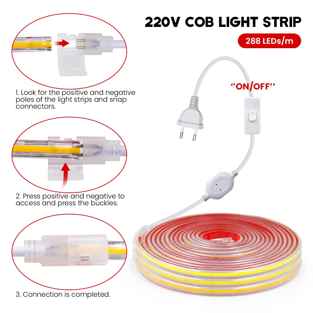 Waterproof 220V COB Led Strip with Switch EU UK Power Plug 288LEDs/M High Density Self-adhesive FOB LED Tape 3000K 4000K 6000K