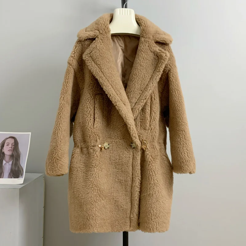 2024 Women Luxury Teddy Coats Winter Thick Warm Natural Fur Overcoat Fashion Turn Down Collar Outerwear Long Coat