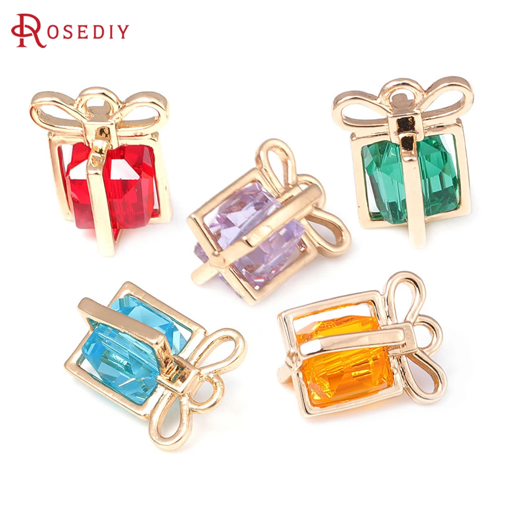 10PCS 18K Gold Color Brass and Glass Gift Box Charms Pendants Diy Jewelry Making Necklace Earrings Accessories for Women