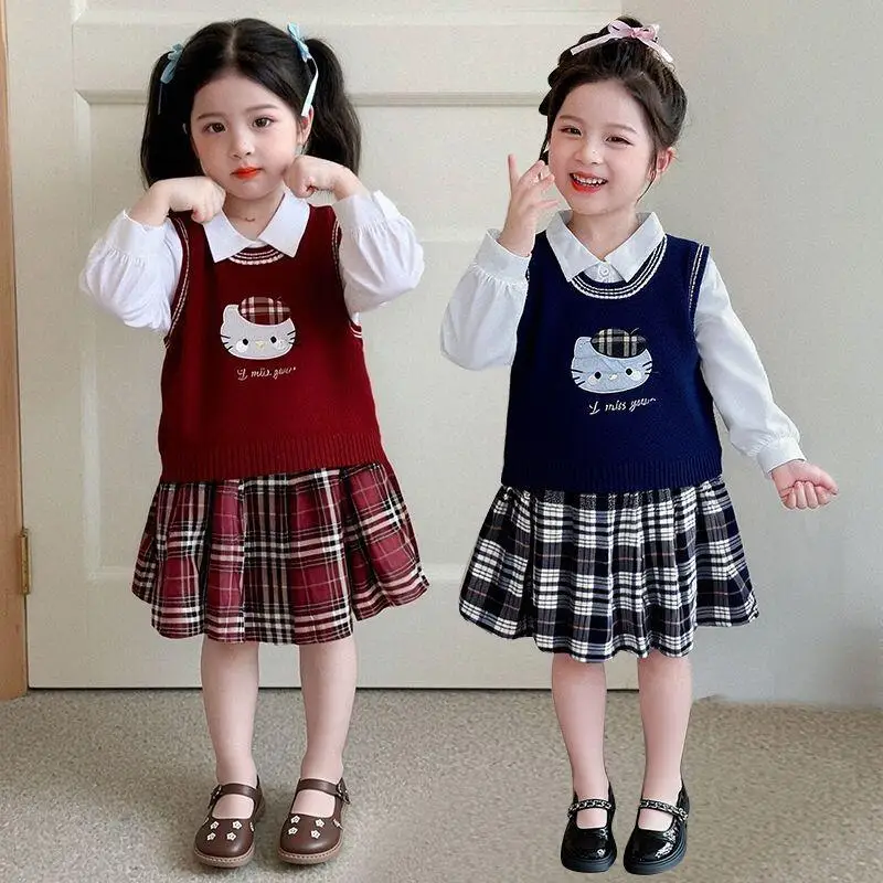 

Футболка Sanrio Hello Kitty, комплект из 3 предметов, жилет для девочек, рубашка, юбка, топы, трикотаж, детская весна-осень, кавайная модная новая одежда с героями мультфильмов