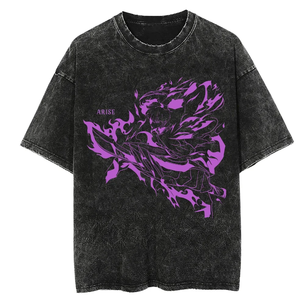 

2025 Men's Women's Vintage Washed Cotton T Shirt Streetwear Anime Solo Leveling Graphic Print Tops Harajuku Short Sleeve Tees