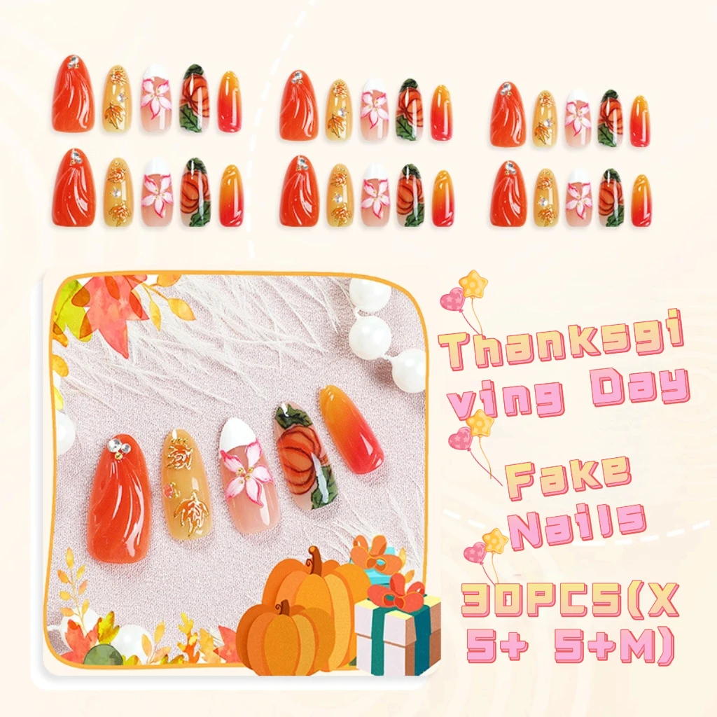 30Pcs Almond Pumpkin Press on Nails Gradient Frowers False Nail for Women&Girls Thanksgiving Day Detachable Wearable Nail