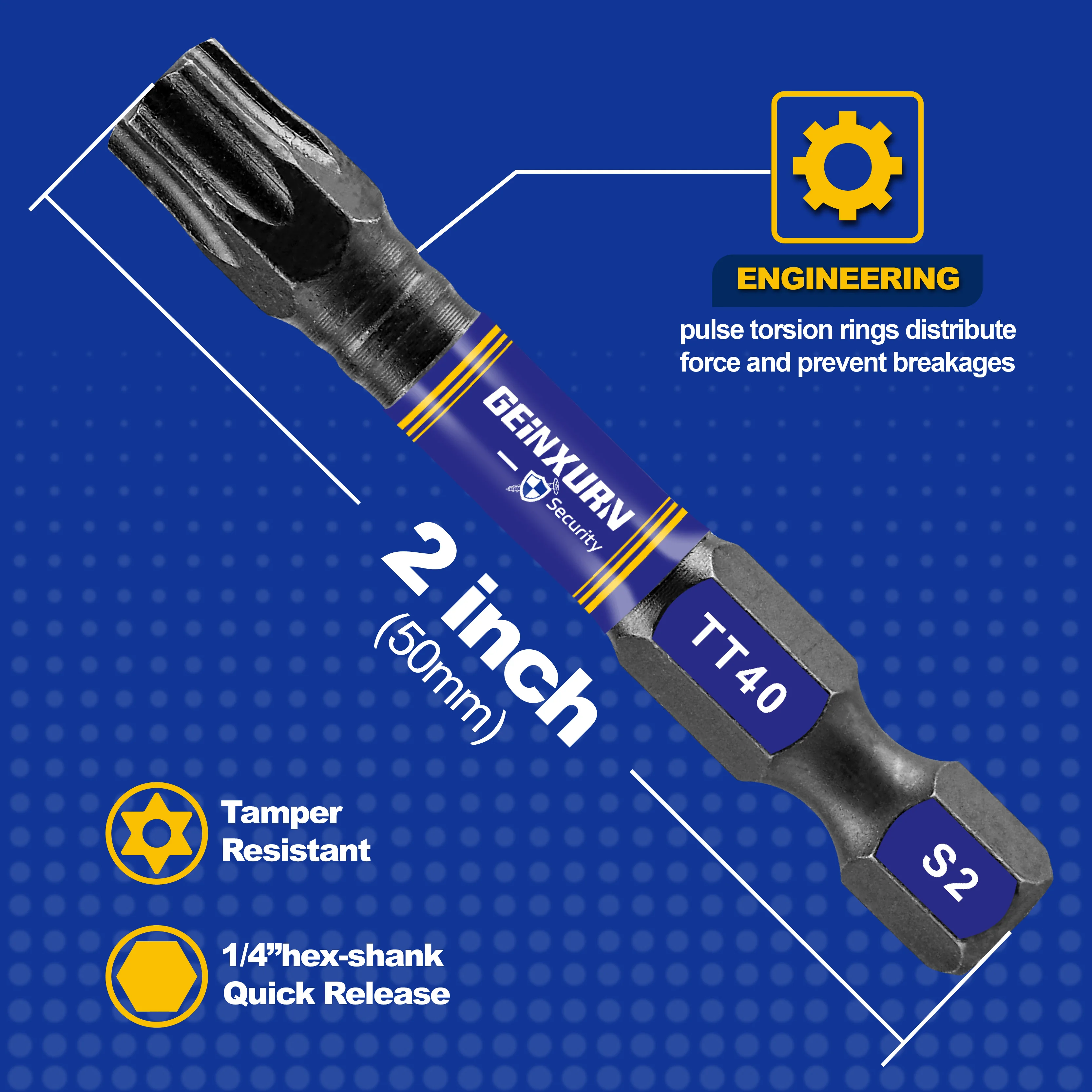 Geinxurn 2 In.Impact Tough Magnetic Power Bit Set,Security Torx Head Power Bits,S2 Alloy Steel Star TT40 Screwdriver Bits Set