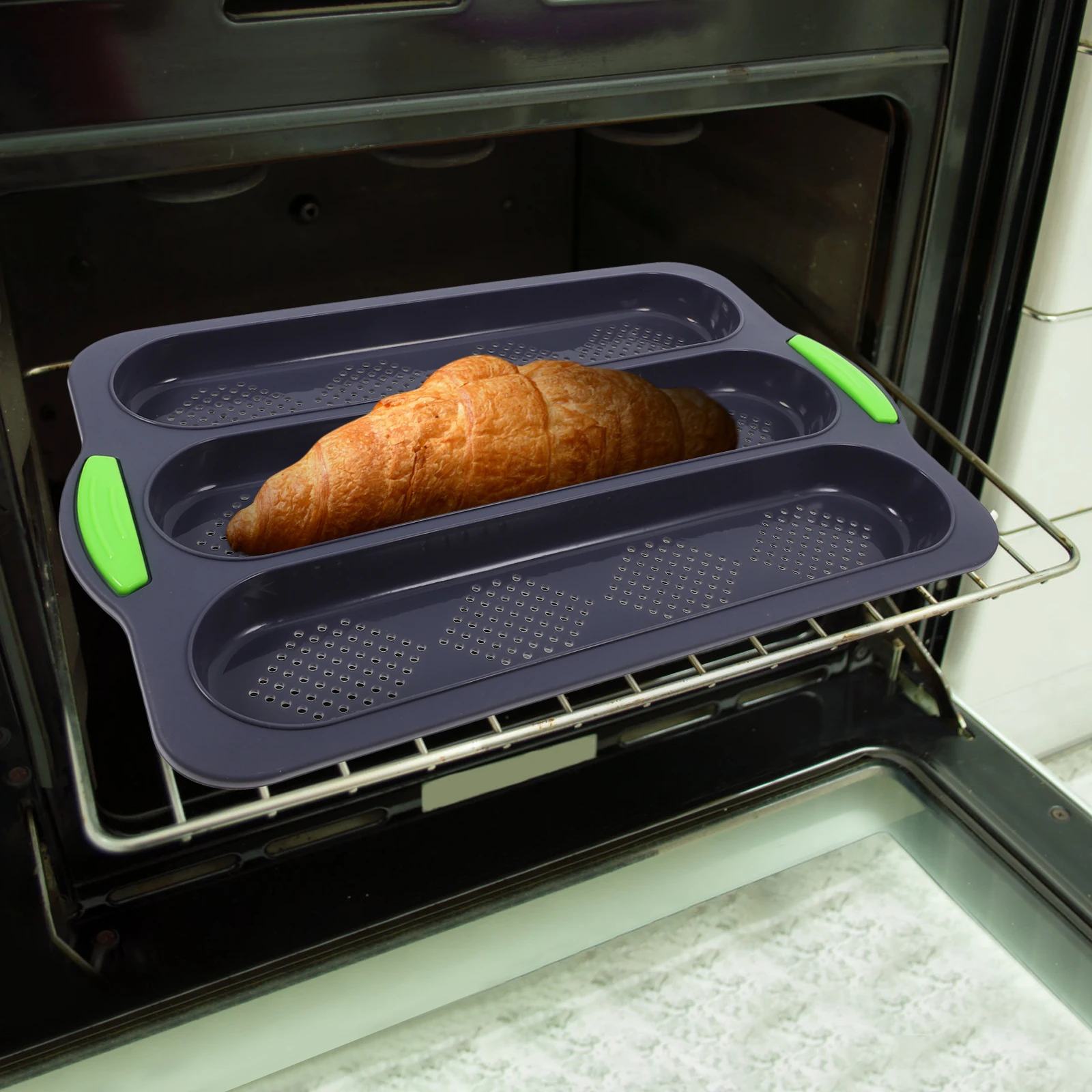 

Silicone Bread Mold Baking Tray 3 Slot Dark Grey Non Stick Flexible French Bread Mould Bakeware Supplies Kitchen Pan