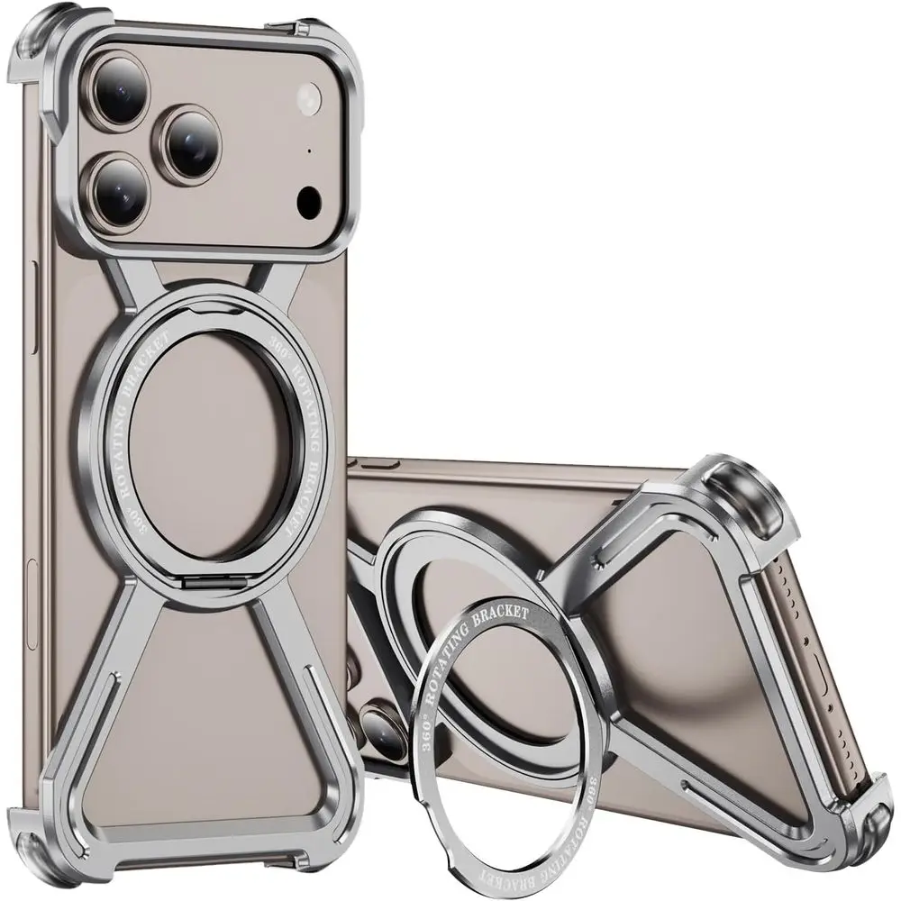 

Metal Frameless Shockproof Kickstand Case for iPhone 17 Pro Max 6.9 - Silver, MagSafe Compatible Protection