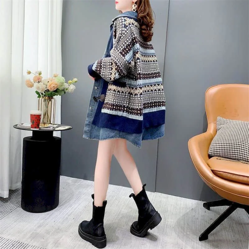 Maglioni cardigan lavorati a maglia per le donne cappotti larghi Casual Vintage oversize in Denim Patchwork top da donna a maniche lunghe in stile coreano