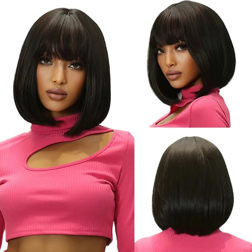 Imagen 1 del producto Peluca sintética Bob corto negro de 12 pulgadas con flequillo para mujer, pelucas de repuesto de pelo suave de aspecto Natural, Velma Kelly Halloween