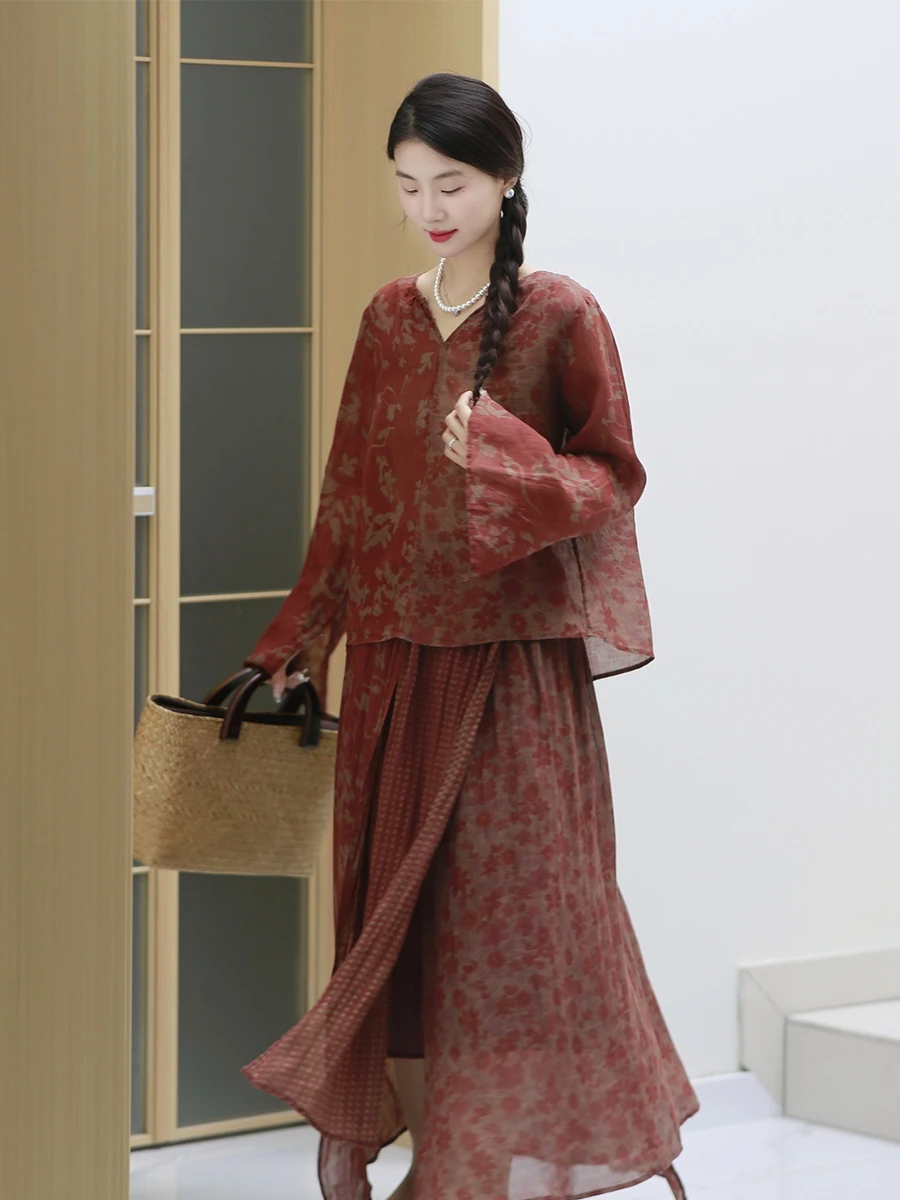 

Оригинальный ретро-комплект Muede: женская юбка и топ из 100% льна с принтом, отложным воротником, для повседневной носки, с длинными рукавами. Новинка лета.