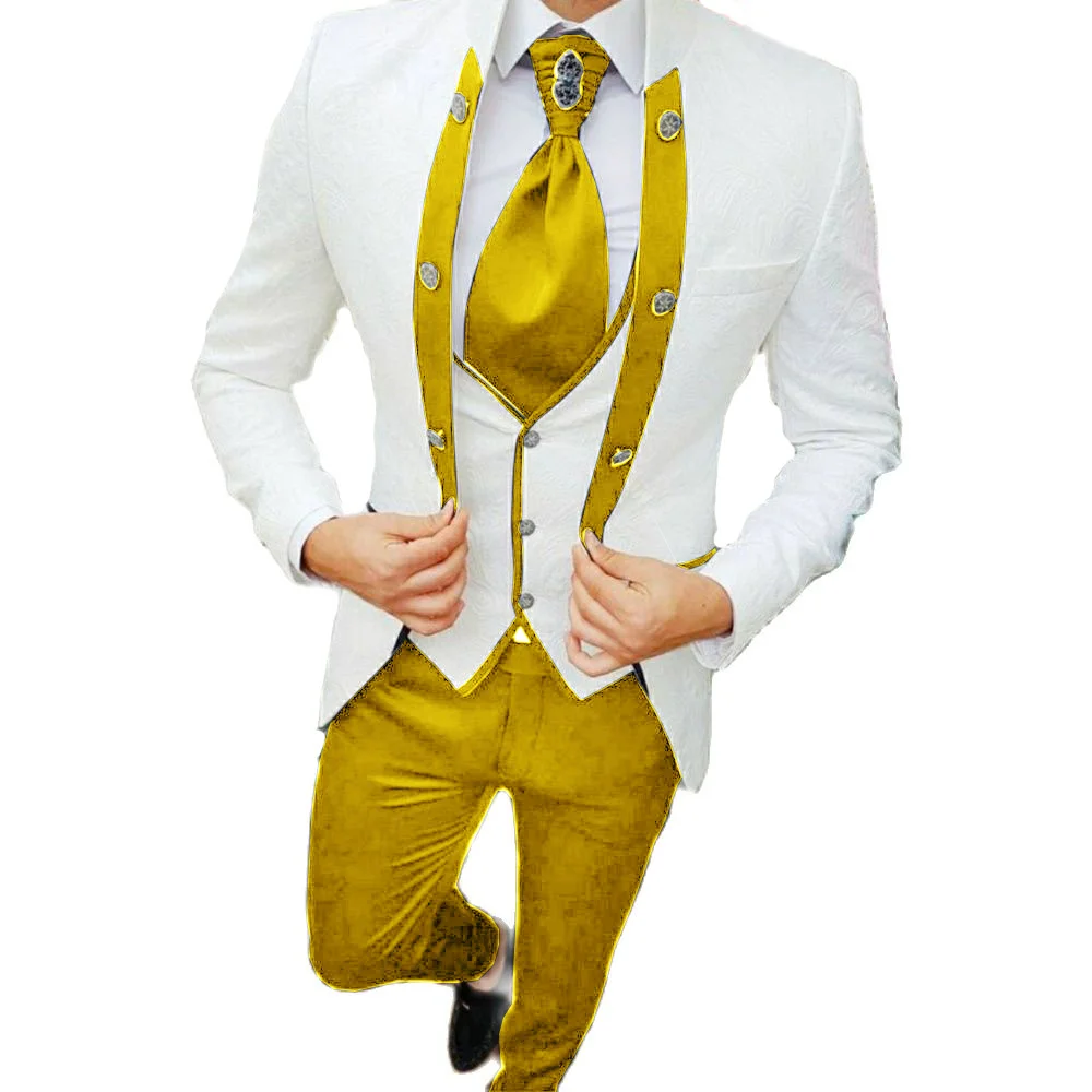 White Jacquard Men's Wedding Suit 3-piece  Jacket Pants Vest Set Formal Party Tuxedo Groom's Dress