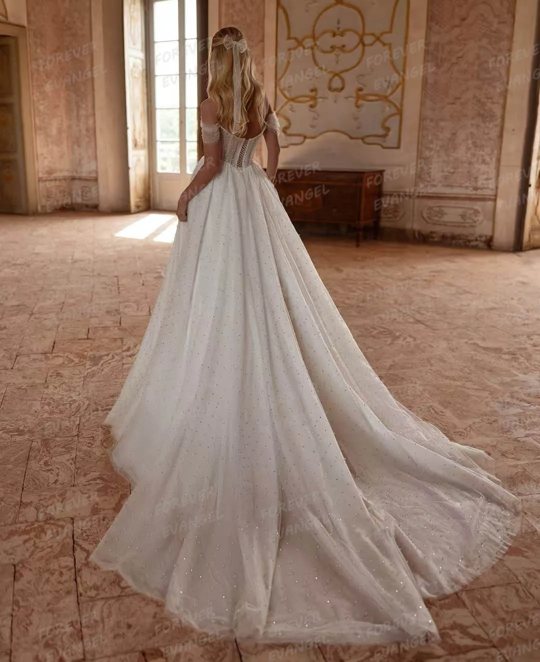 Abiti da sposa di lusso elegante donna Sexy una linea Glitter Off spalla manica intera principessa Tulle abiti da sposa Vestidos De Novia