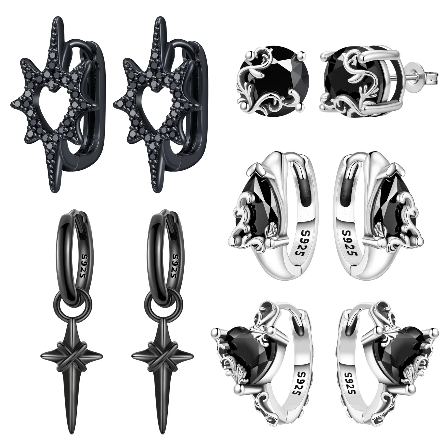Miseff S925 Sterling Silver Halloween Earrings Exquisite Vintage Patterned Black Zircon Earrings Halloween Party Jewelry Gift