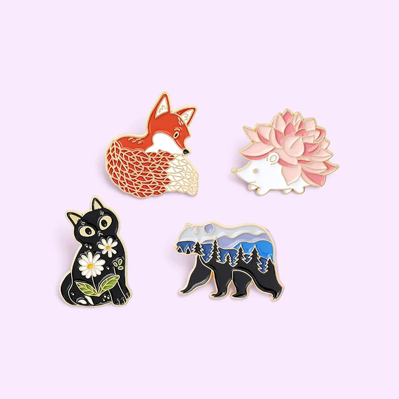 Cartoon Animal Series Brooch Enamel Cute Red Fox Black Cat Hedgehog Badge Metal Backpack Clothing Lapel Pins Gift Wholesale