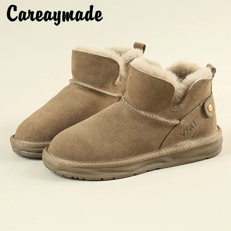 

Careaymade-Genuine Leather women's boots Snow boots Women short boots flat sole slip on wool warm plush bread cotton shoes