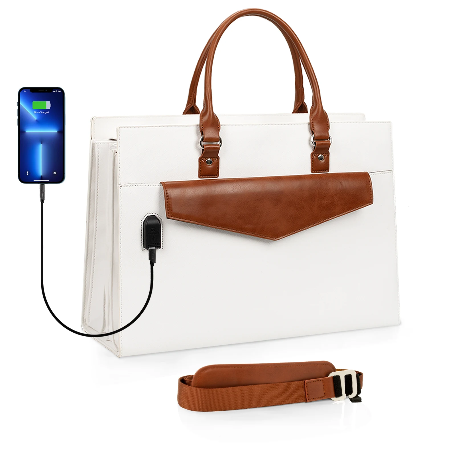Women's Laptop Handbag, 17 Inch Laptop Bag Waterproof Leather Computer Hand Bag, Large Work Bag With USB Charging Port