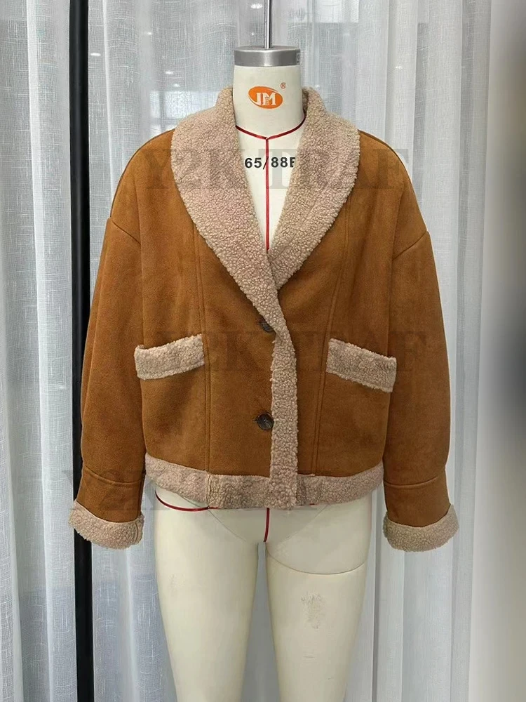 女性の秋冬ヴィンテージコートラペル長袖ルーズフェイクレザージャケット 2025 暖かいポケットストリートウェア女性新しいアウター