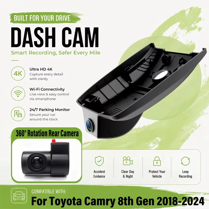 Dedicated DashCam For Toyota Camry 8th Gen 2018-2024 (Model A/B) 4K HD Car DVR Plug and play Dash Cam Wifi Camera Video Wireless