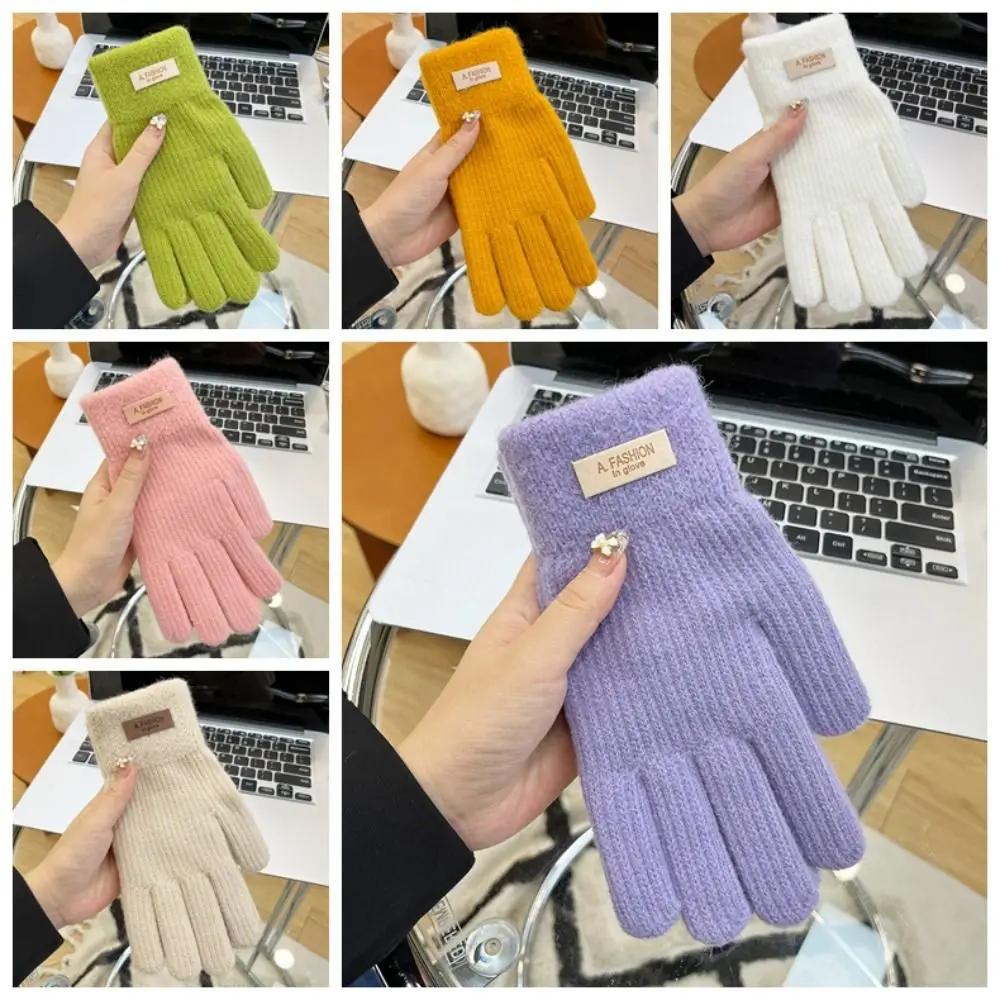الحلوى اللون قفازات الحياكة خمسة أصابع شاشة تعمل باللمس كامل فنجر القفازات الدافئة قفازات ركوب الدراجات قفازات القيادة الإناث #4