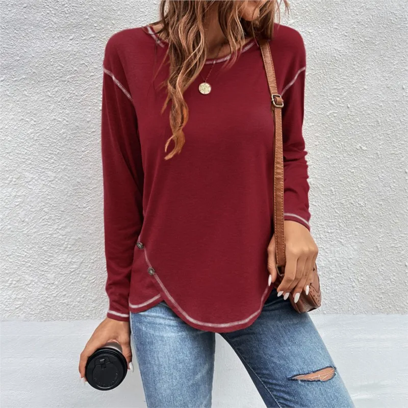 Autumn And Winter New Women\'s Button Irregular Long Sleeved T-shirt Solid Color Round Neck Loose Fitting Pullover  Woman Tops