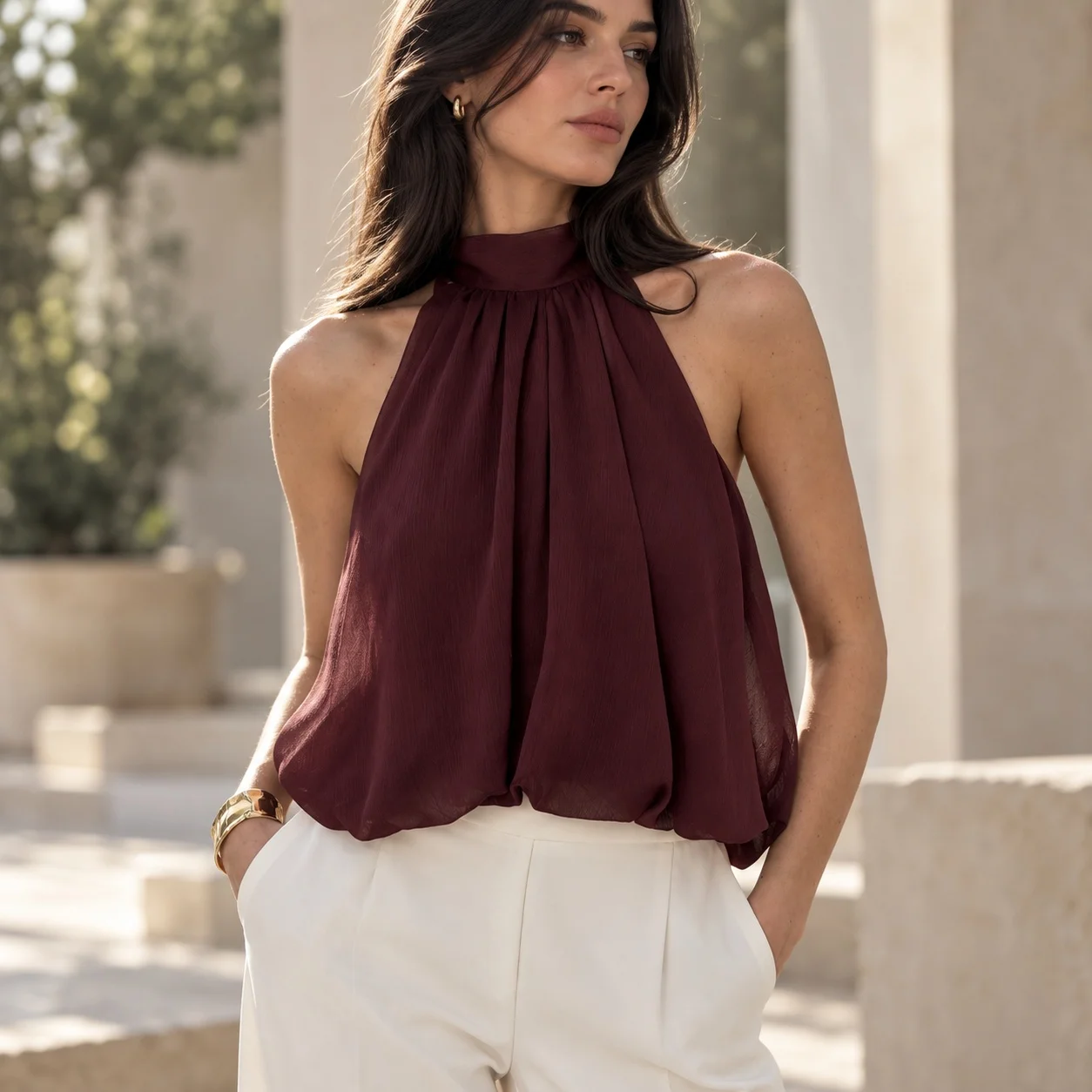 Woven Sleeveless Top Flared Cut Elegant with Tie Strap Scarf Neck Women Tanks Spring Private Celebrity Style Dominatrix Style
