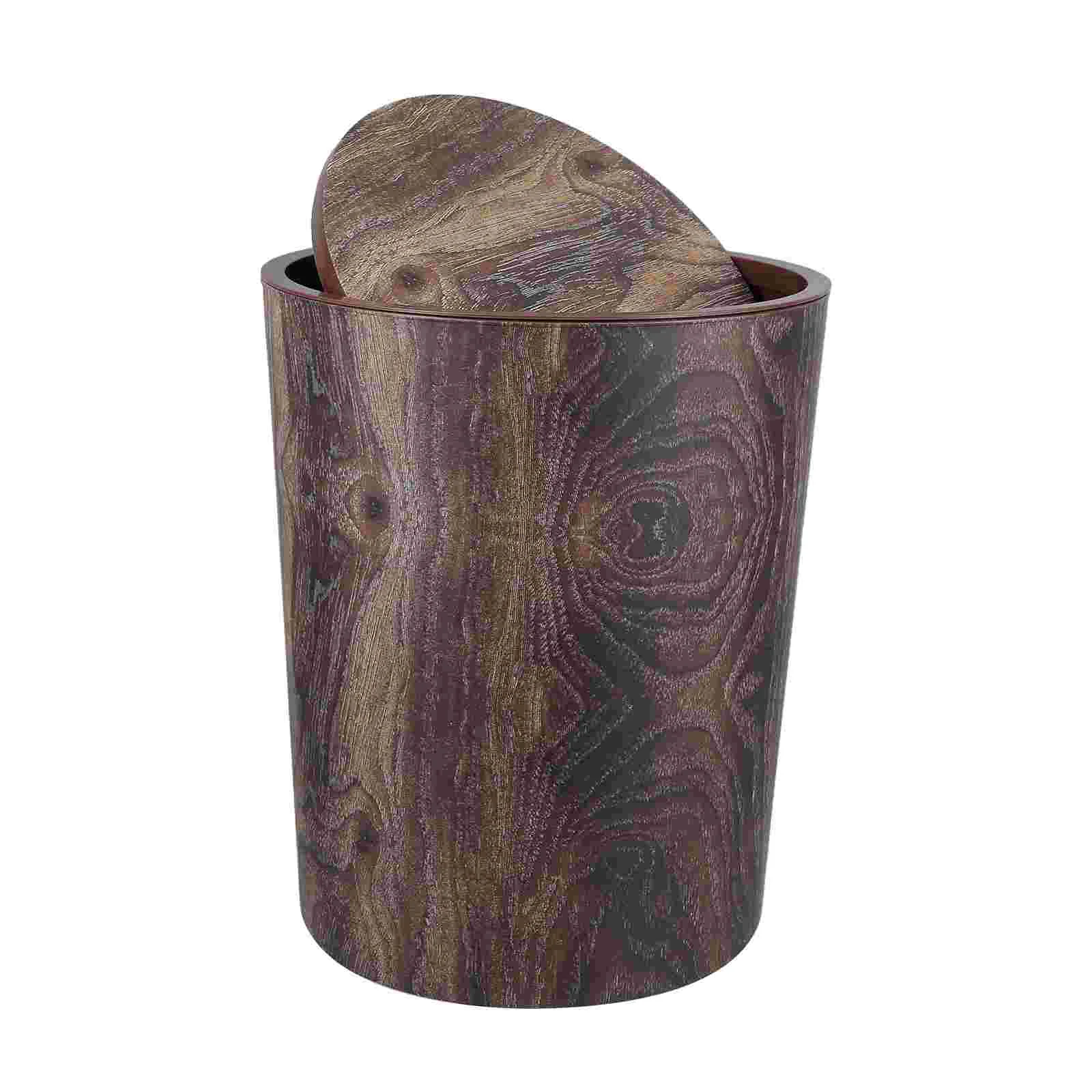 

Small Trash Can with Lid Garbage Office Waste Basket Round Wood Swing Bathroom Cover Trashcan Brown Desk Top