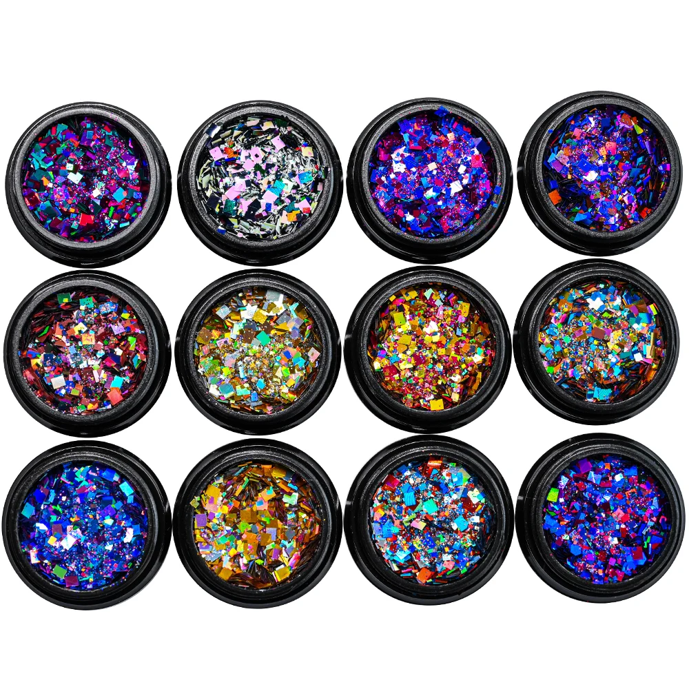 12 frascos/conjunto holográfico chunky glitter lantejoulas laser quadrado fatia flocos misturados arte do prego solto glitter gel polonês decorações de unhas