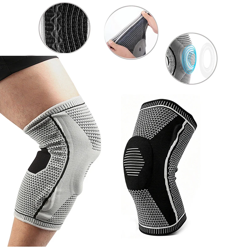 1 Stück Sport-Kniebandage mit Silikonfeder, Vollständige Kniestütze, Patella-Medialstütze, Starke Meniskus-Kompressionsprotektion