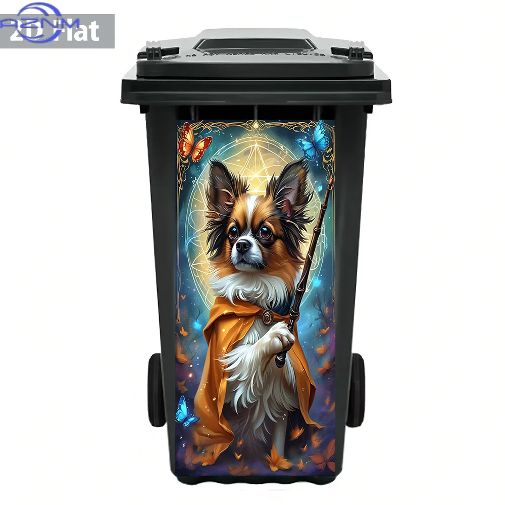 1pc 2D Flat Papillon Dog in Magical Cloak with Wand and Butterfly | Self-Adhesive Waterproof PVC Decal for Whimsical Wall Art,