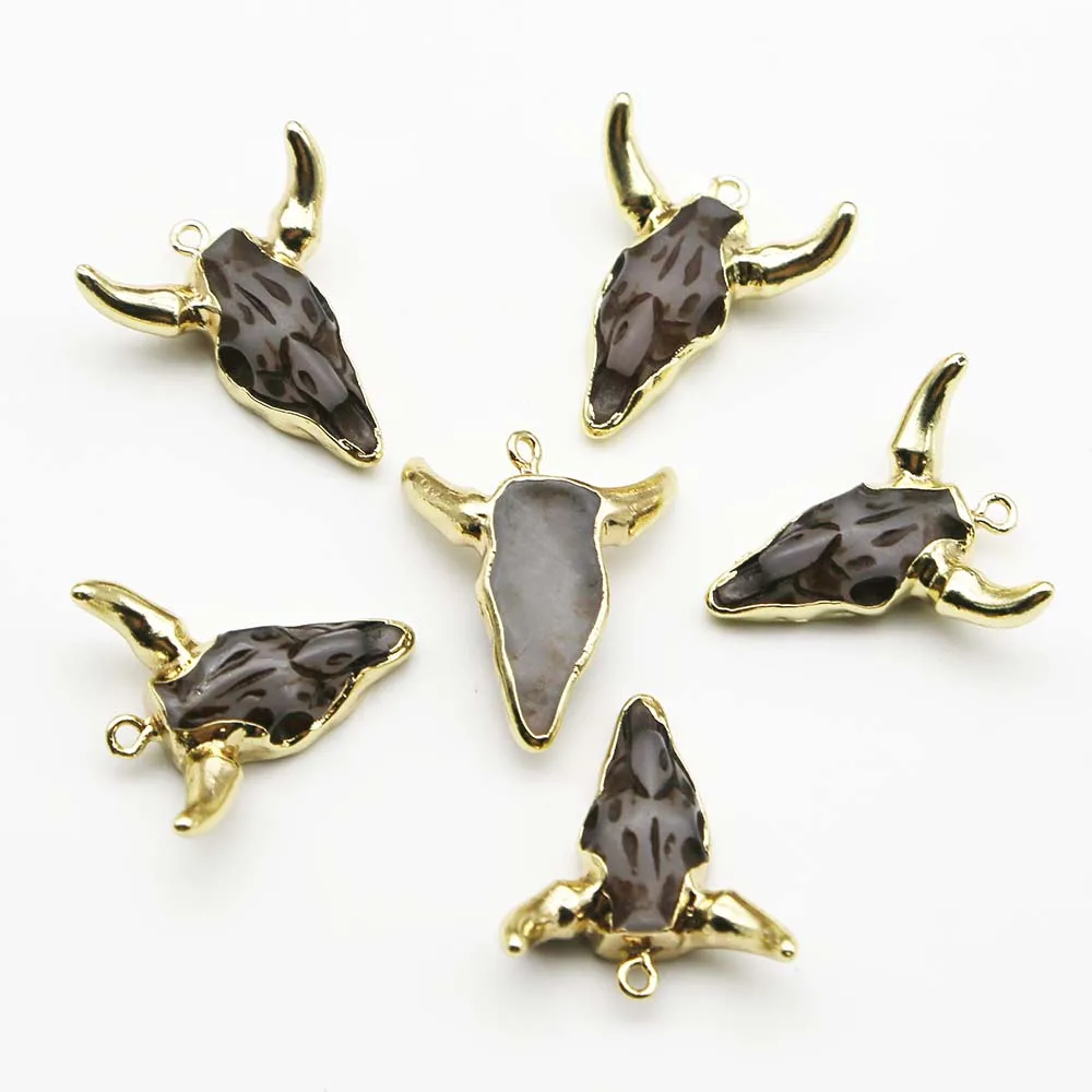 Quality Natural Semi Precious Gray Stone Acrylic Resin Bull Head Pendant Necklace Charms Jewelry Accessories Gift Wholesale 8Pcs