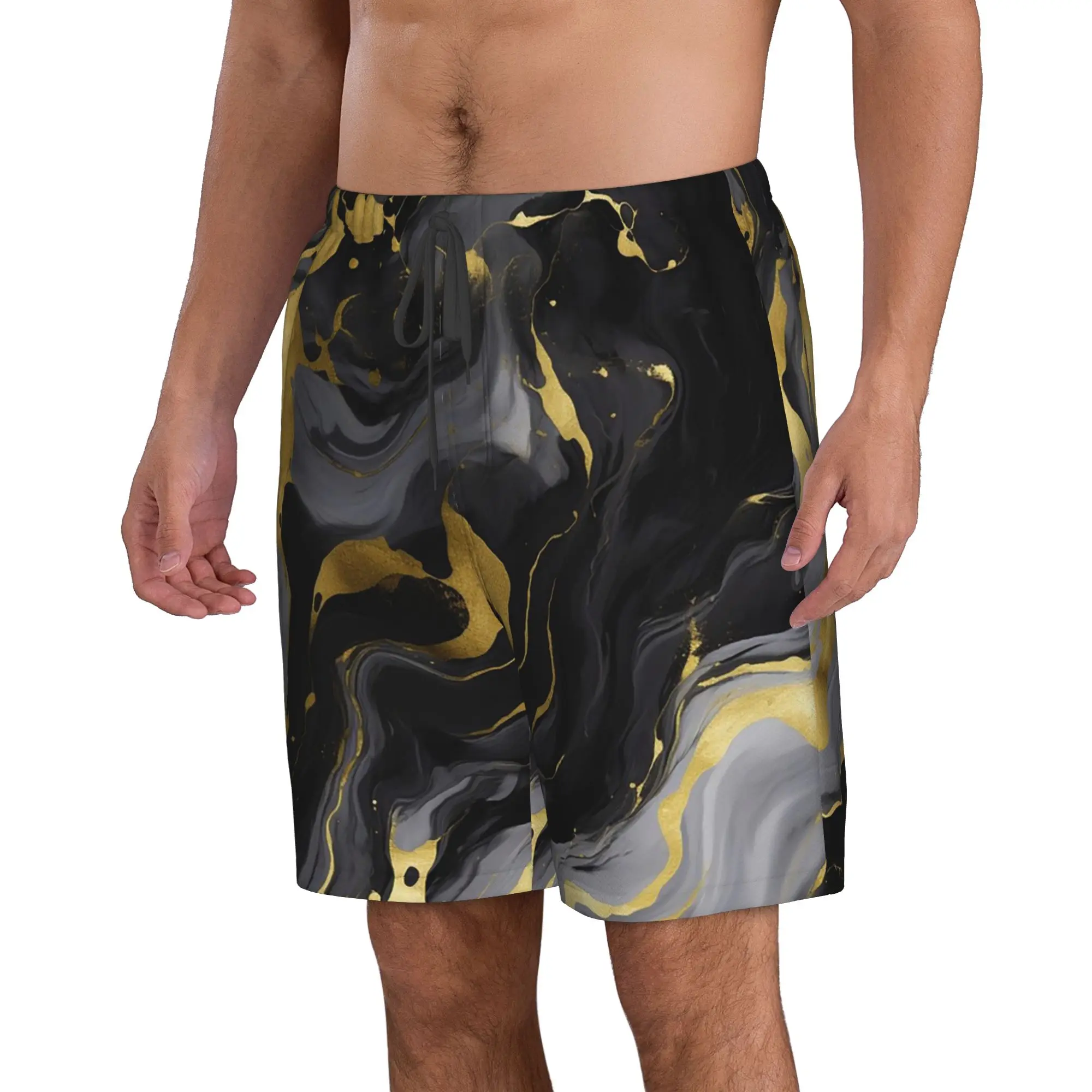 Black Gold Fluid Vortex Liquid Distortion Trunks Beach Board Shorts Casual Quick Dry Swim Summer Men Pants