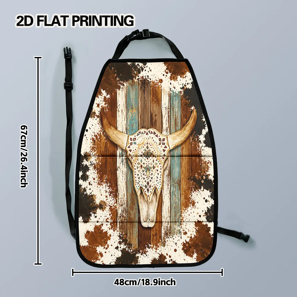 2D Flat, 2pcs Elastic Band Fixed Storage Bag Car Kick Mats With Organizer Bohemian Bull Skull Art Patterned Backseat Organizer G