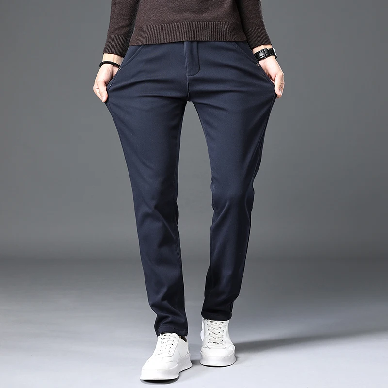 Winter 2025 New Men's Fleece Casual Pants Thick Fashion Straight Slim Warm Casual Business Office Brand Fashion Men Trousers
