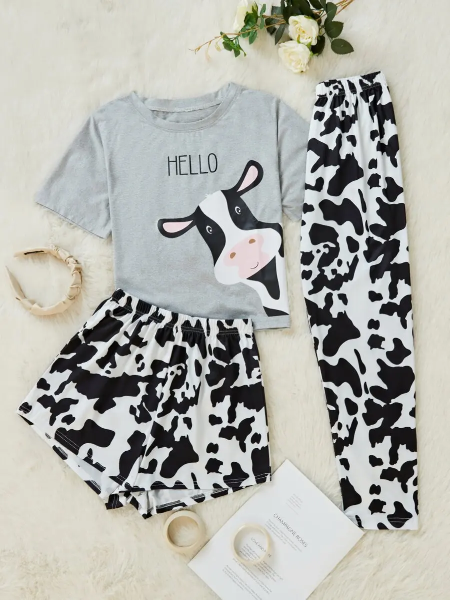 

Cow Print Pajama Set With Letter Pattern Womens Sleepwear